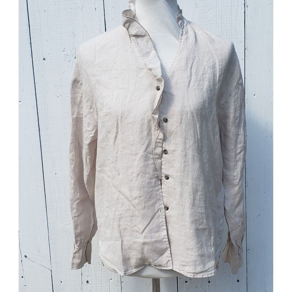 XCVI Women Beige Collared Long Sleeve 100% LINEN Ruffled Button Up Shirt Sz S